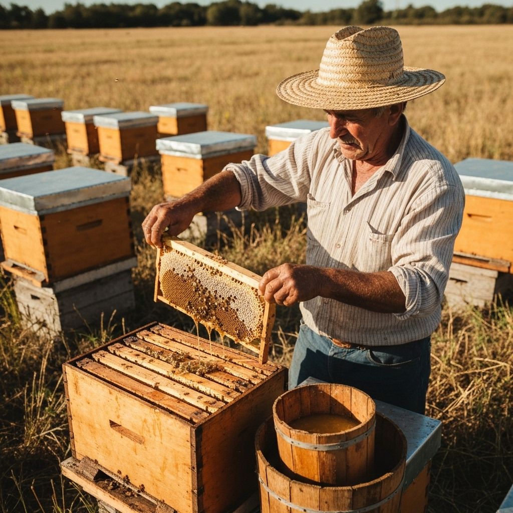 Apicultor trabajando con colmenas en el campo argentino